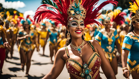 A woman in a colorful costume smiles during a carnival celebration, showcasing the vibrancy and energy of the event.の写真素材