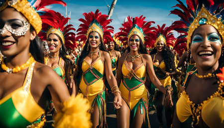 A vibrant carnival parade filled with joyous energy as women in colorful costumes and elaborate...