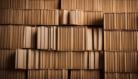 A close-up shot of a wall made of stacked cardboard boxes creating a repeating pattern and texture.の写真素材