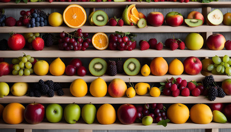 A vibrant still life showcasing an assortment of fresh fruits arranged on wooden shelves, featuring a colorful array of apples, oranges, kiwis, grapes, and various berries.の写真素材