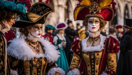 Two women wearing elaborate costumes and masks during the Venetian Carnival. The women are adorned with gold jewelry, feathers, and intricate headwear.の写真素材