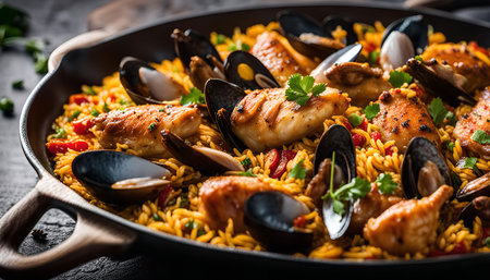 A close-up shot of a paella dish filled with rice, seafood, and chicken. The dish is steaming hot and looks absolutely delicious. The vibrant colors of the ingredients create a visually appealing composition. The dish is a classic Spanish staple and a testament to the country's rich culinary heritage.の写真素材