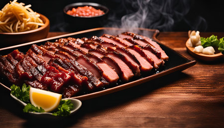 Close-up view of a platter of perfectly seared meat slices with a smoky aroma.の写真素材