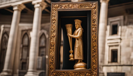 A golden statue of a figure holding a large goblet, framed against a historic building. The frame is ornate and detailed, showing the craftsmanship of the piece.の写真素材
