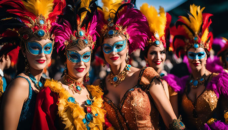 A group of women dressed in colorful costumes and masks participate in a carnival celebration.の写真素材