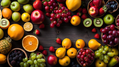A colorful assortment of fresh fruits arranged on a rustic wooden surface, showing a variety of textures and hues. It is a visually appealing and appetizing representation of a healthy and delicious diet.の写真素材