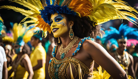 A woman in a vibrant, colorful costume with feathers and jewelry smiles brightly at a carnival parade. The image captures the energy and joy of the celebration.の写真素材