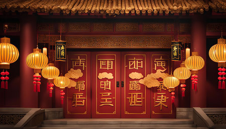 A traditional Chinese temple entrance adorned with vibrant red lanterns for the New Year celebrations. The red doors are richly decorated with gold calligraphy, symbolizing prosperity and good fortune.の写真素材