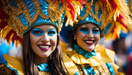 Two women in colorful carnival costumes, adorned with feathers and glitter, smile joyfully. Their bright attire and vibrant headwear reflect the excitement and energy of the celebration. The image captures the spirit of festivity and cultural expression.の写真素材