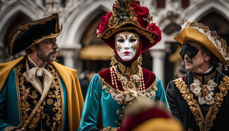 Three people wearing traditional Venetian Carnival masks and costumes, the woman with a beautiful red and gold mask, showcasing the festive atmosphere of the event.の写真素材