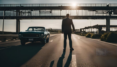 A man in a suit stands in the middle of a highway with a classic car in the background. The sun is setting in the distance, casting a golden glow over the scene. The man's silhouette is strong against the bright light.の写真素材