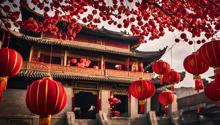 A traditional Chinese temple adorned with vibrant red lanterns, symbolizing prosperity and good fortune during the festive season.の写真素材