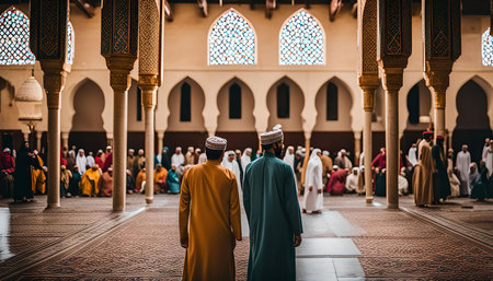Two men stand in a mosque, surrounded by other worshipers. The image captures the serene atmosphere of a place of worship.の写真素材