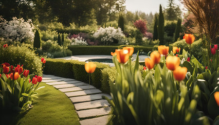 A stone path curves through a beautiful garden, lined with lush green foliage and vibrant orange tulips. The sunlight shines on the path and flowers, creating a warm and inviting atmosphere.の写真素材