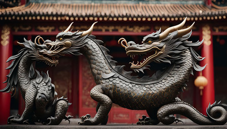 Two magnificent Chinese dragon statues in front of a traditional temple. They stand guard as symbols of power, wisdom, and good luck.の写真素材
