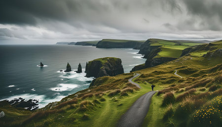 A lone figure walks along a winding road on a clifftop overlooking a dramatic coastline with dramatic gray clouds and a vast blue ocean in the background.の写真素材