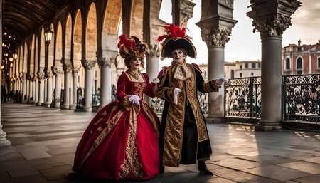 Two people in elaborate costumes and masks are posing for a photo during the Venetian Carnival, the vibrant atmosphere and elegant attire create a sense of mystery and wonder.の写真素材