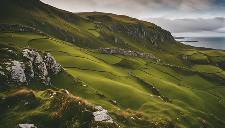 A scenic view of rolling green hills along a coastline, showcasing the beauty of nature in its natural form.の写真素材