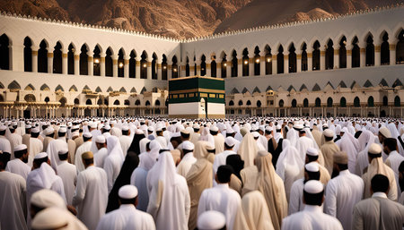 A vast crowd of Muslim pilgrims gather at the Kaaba, the holiest site in Islam, in Mecca, Saudi Arabia.の写真素材