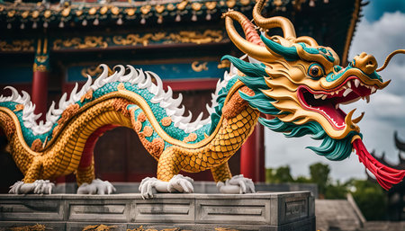 A magnificent golden dragon statue stands proudly in front of a traditional Chinese temple. The dragon is a symbol of power, wisdom, and strength in Chinese culture.の写真素材