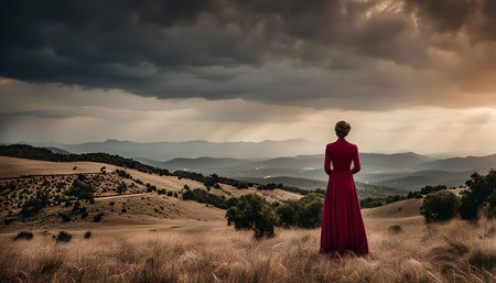 A solitary woman in a crimson dress stands on a hilltop, facing a breathtaking view of rolling mountains under a cloudy sunset sky.の写真素材