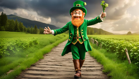 A smiling Leprechaun in a green costume walks down a path in a lush green meadow, with a forest and mountains in the background.の写真素材