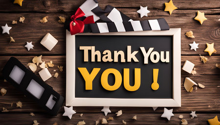 A close-up shot of a chalkboard with a thank you message written on it. The chalkboard is surrounded by movie-themed decorations, including a clapperboard, stars, and a red ribbon.の写真素材
