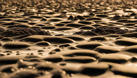 Close-up shot of sand dunes on a beach during sunset, showing the intricately patterned and textures...