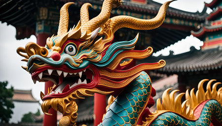 A close-up of a colorful and intricately detailed Chinese dragon statue, adorned with gold, red, and green. The dragon is a powerful symbol in Chinese mythology and culture, representing strength, wisdom, and good fortune.の写真素材