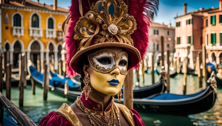 A masked woman dressed in a traditional Venetian carnival costume, with a grand headdress and an intricate mask. The backdrop is the canals of Venice, with gondolas and historic buildings.の写真素材