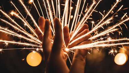 A hand holds a sparkler, creating a dazzling display of light against a dark background.の写真素材