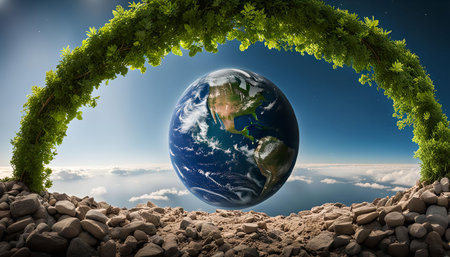 A surreal image of Earth seen through a green archway, surrounded by clouds and a serene blue sky.の写真素材