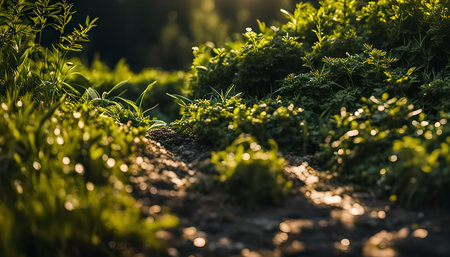 A close-up shot of lush green foliage bathed in warm sunlight. The sun's rays illuminate the leaves, creating a glistening effect. The focus is on the vibrant green hues and the delicate texture of the plants.の写真素材