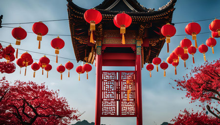 A beautiful pagoda adorned with hanging red lanterns under a clear blue sky. The vibrant colors and intricate details of the architecture create a stunning visual feast.の写真素材