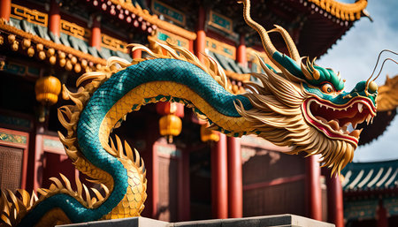 A close-up of a golden and jade-colored dragon statue perched atop a Chinese temple. It's a stunning example of traditional Chinese craftsmanship and cultural significance.の写真素材