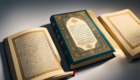A close up shot of an open Quran, the holy book of Islam, with its intricate calligraphy and golden...