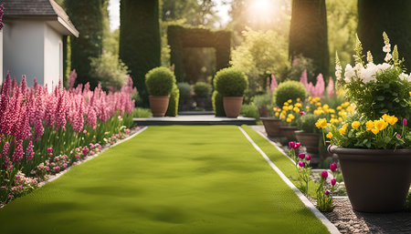 A picturesque garden pathway lined with vibrant flowers and lush greenery. The sun shines brightly, casting a warm glow over the scene.の写真素材