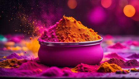 A bowl overflowing with vibrant Holi festival colors. The image captures the essence of this joyous celebration with its rich hues and playful atmosphere.の写真素材