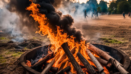 A close-up view of a campfire burning brightly with smoke rising in the air. The flames are dancing and the logs are glowing. It looks like a perfect night to sit around the fire and enjoy the warmth.の写真素材