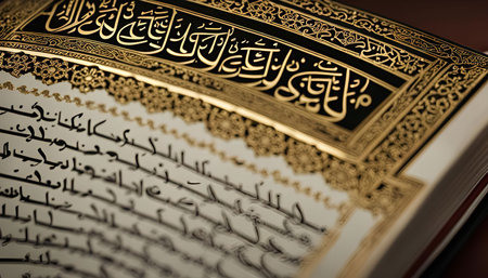 A close-up image showing the intricate Arabic calligraphy found in a Quran, the holy book of Islam. The black script is adorned with intricate golden patterns, highlighting the beauty and detail of Islamic art.の写真素材