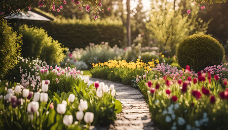 A winding stone path leads through a vibrant garden bursting with colorful tulips and lush green foliage. The sun shines brightly, casting a warm glow on the scene.の写真素材