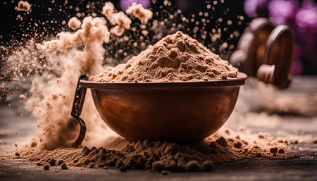 A bowl filled with brown powder, with some of the powder splashing out of the bowlの写真素材