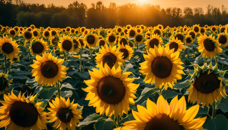 A beautiful field of sunflowers bathed in the golden light of the setting sun. The bright yellow blooms stand tall against a backdrop of green leaves, creating a stunning scene of natural beauty.の写真素材