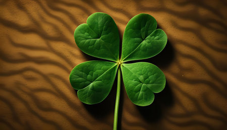 A close-up shot of a four-leaf clover on a brown textured background. The clover is green and vibrant, with four heart-shaped leaves.の写真素材