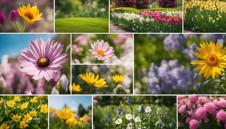 A vibrant collage showing the beauty of spring flowers in full bloom. From delicate pink petals to sunny yellow daisies, each image captures the essence of nature's vibrant palette.の写真素材