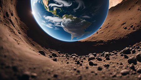 A stunning view of earth from a distant point in space with rocks and craters in the foreground.の写真素材