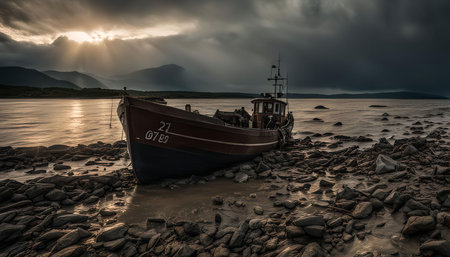 A solitary boat rests on a rocky shore, illuminated by the golden rays of a setting sun. The dramatic sky and the vast water body create a sense of serenity and tranquility, inviting the viewer to contemplate the beauty of nature.の写真素材