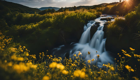 A picturesque waterfall cascades down a rocky hillside, bathed in the soft golden light of the setting sun. The water flows smoothly over the rocks, creating a sense of peace and tranquility. The surrounding landscape is a lush green forest, with a touch of yellow wildflowers adding a splash of color.の写真素材