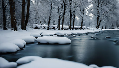 A serene winter scene showcasing a snow-covered river flowing through a snowy forest. The trees stand tall, their branches laden with snow, reflecting the tranquility of the scene.の写真素材