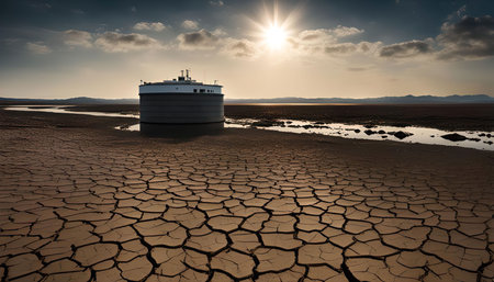 A solitary structure stands on a cracked and dry lakebed. The sun shines brightly in the sky, casting long shadows on the parched earth. The building appears abandoned, a testament to the harsh conditions of the desert.の写真素材